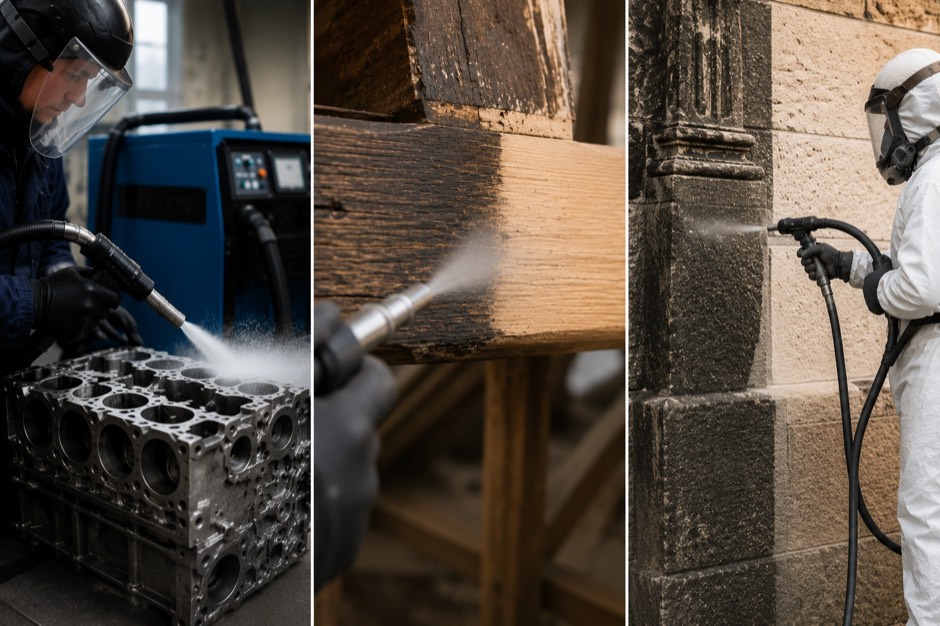 Niederdruckstrahltechnik in Heilbronn: Motorblock, Holzbalken und Sandsteinfassade abrasiv gestrahlt