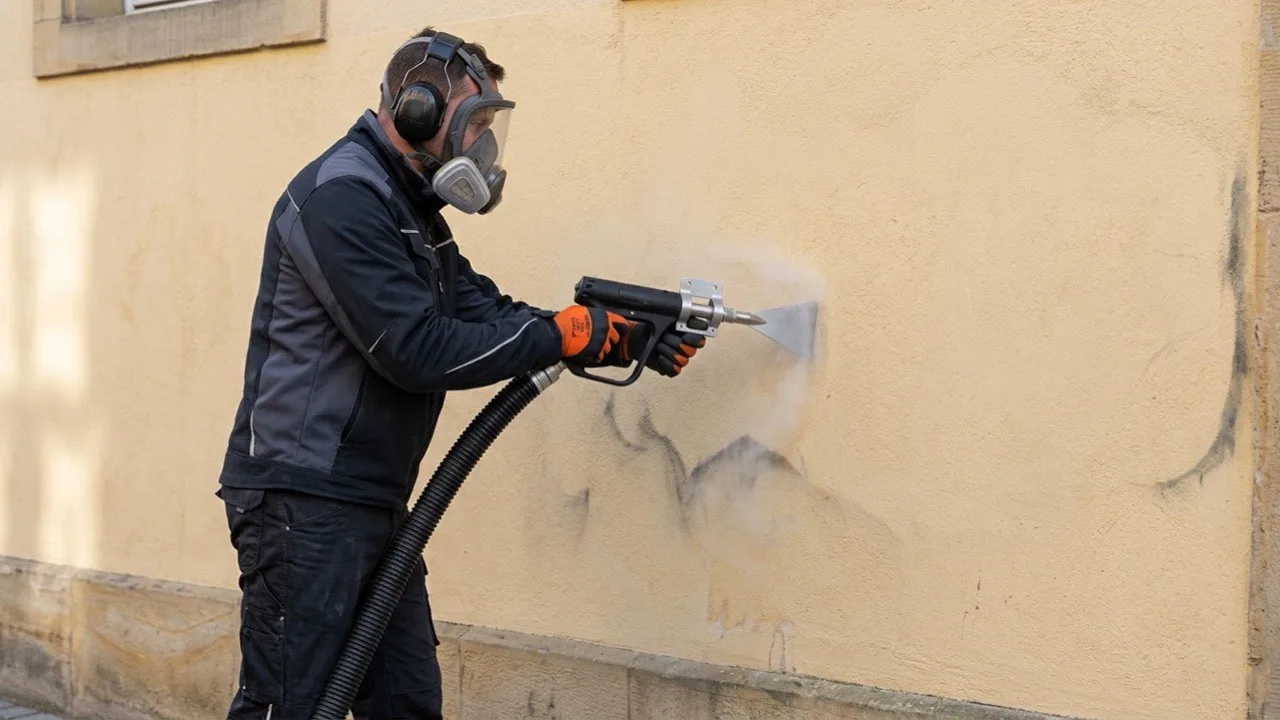 Schonende Reinigung einer hellen Altbaufassade mit Trockeneis, Farbschatten des Graffitis verschwindet unter dem Strahl