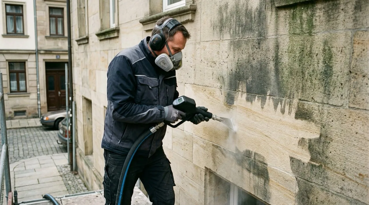 Trockeneisstrahlen reinigt eine Putz- und Klinkerwand, sichtbarer Kontrast zwischen gereinigtem und verschmutztem Bereich
