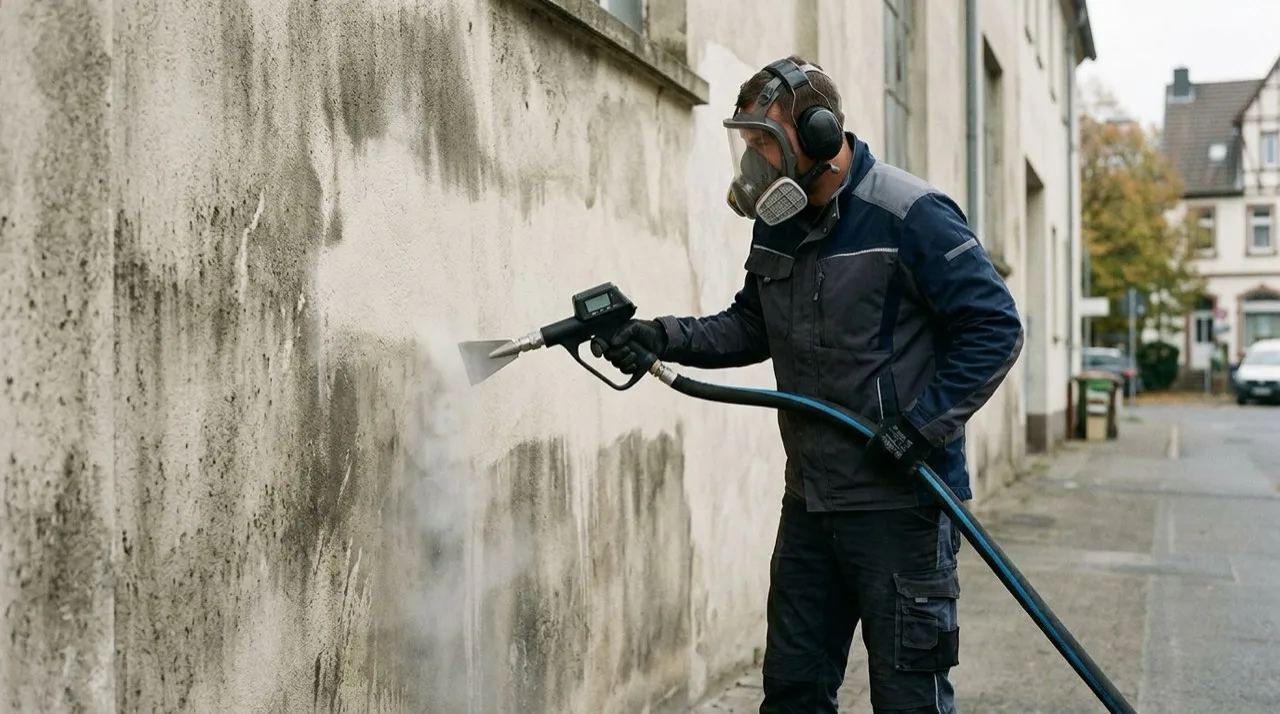 Trockeneisstrahlen bei der Fassadenreinigung an einer Gewerbefassade in Pflugfelden