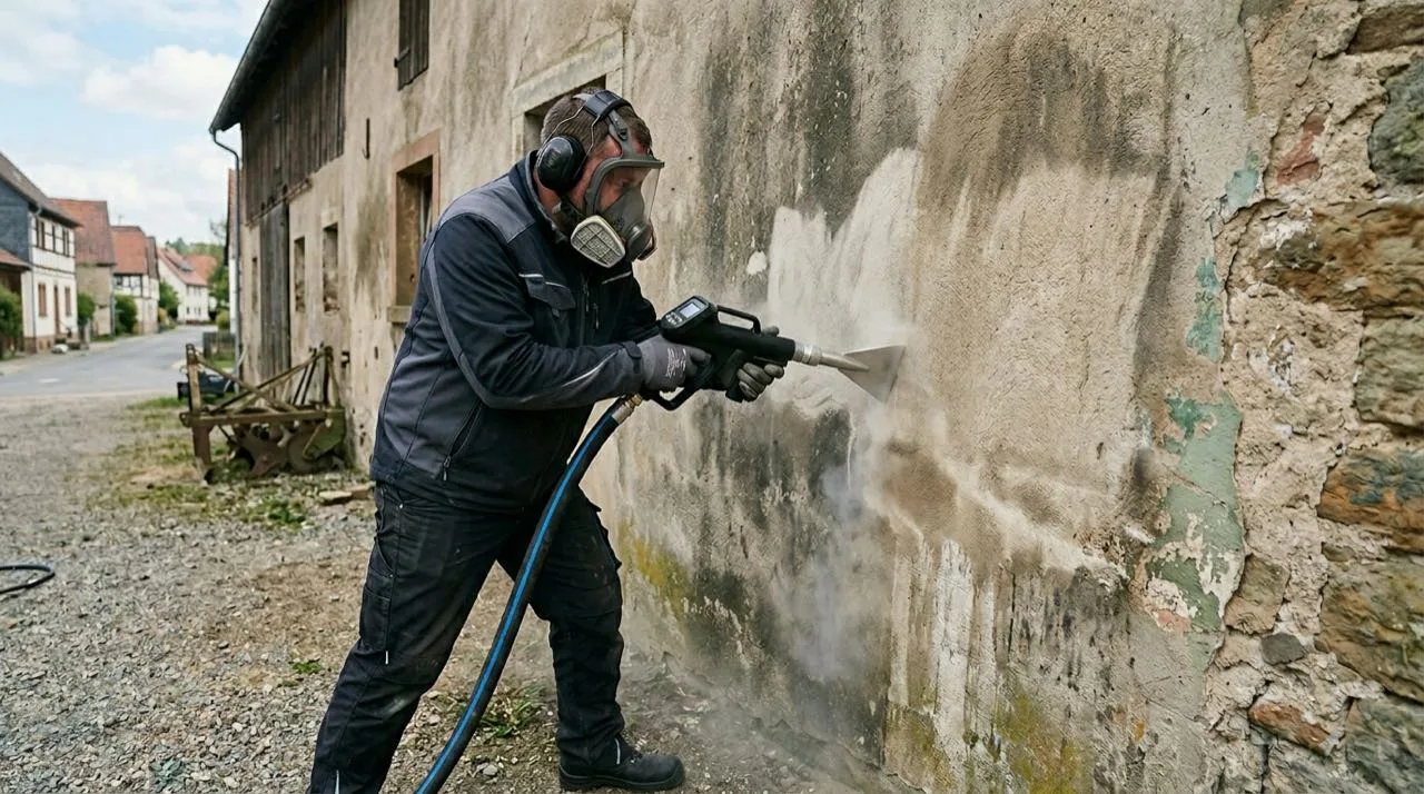 Fassadenreinigung mit Trockeneis in Schwäbisch Hall, Strahlen einer Putz- und Sandsteinfassade vor Ort