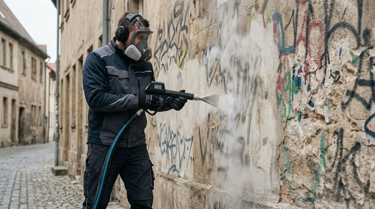 Graffiti-Entfernung per Trockeneisstrahlen an einer Wand in Sontheim