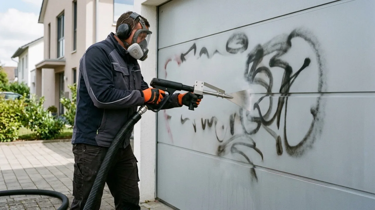 Graffiti entfernen von einem Metall-Garagentor mit Trockeneis, gereinigter Bereich restlos sauber