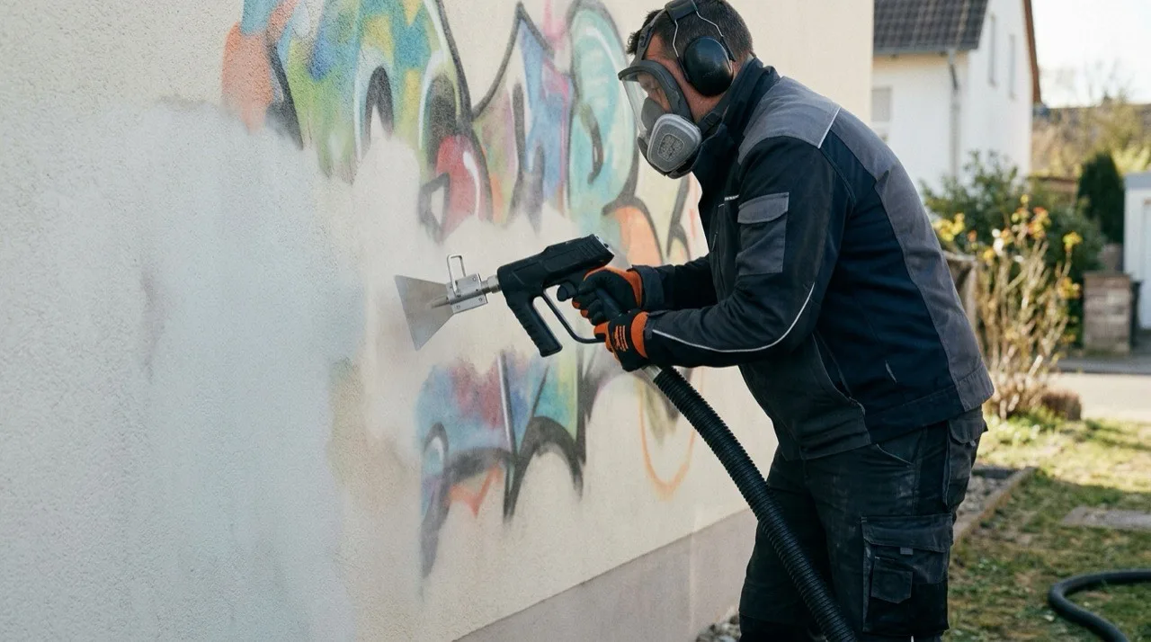 Kostenfaktor Fl&auml;che beim Graffiti entfernen: Techniker in Schutzausr&uuml;stung strahlt Spr&uuml;hfarbe von einer Putzfassade, Teilfl&auml;che bereits sauber