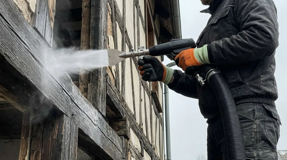 Handgeführtes Trockeneisstrahlgerät mit Pistolengriff im Einsatz