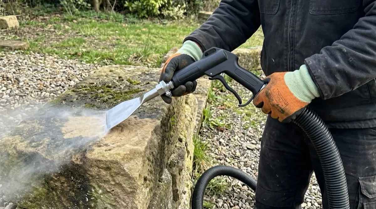 Trockeneisstrahlen an einem Sandstein-Objekt in Klingenberg