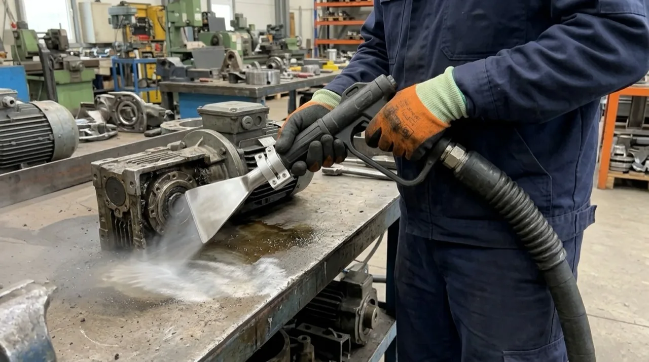 Trockeneisstrahlen an einem Industriegetriebe in Schwäbisch Hall