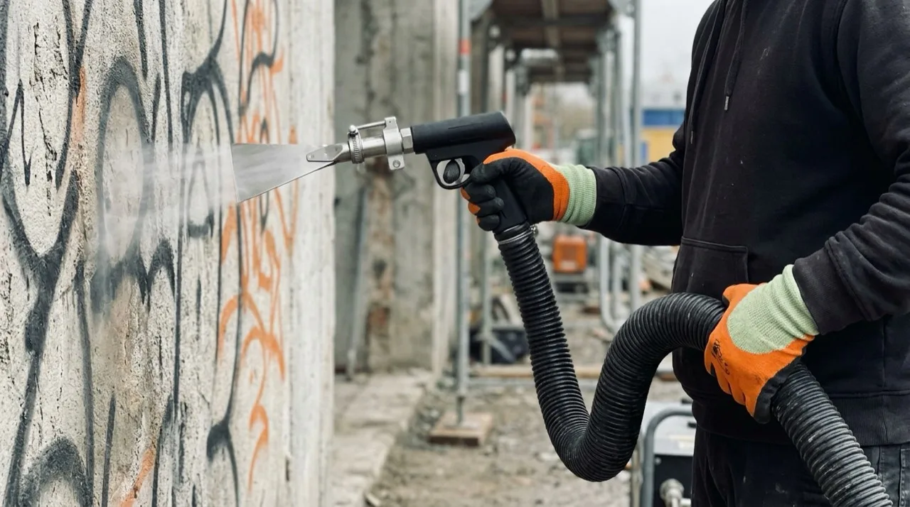 Trockeneisstrahlgerät bei der Graffiti-Entfernung in Sontheim
