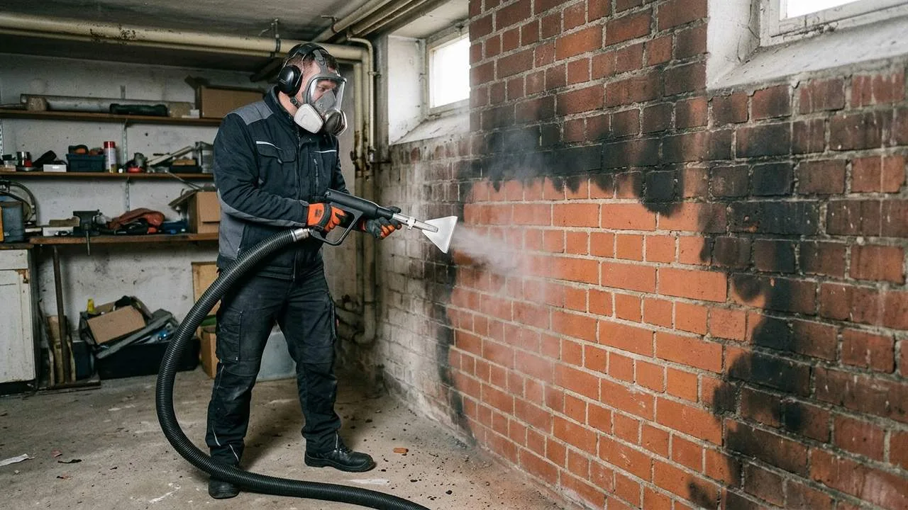 Brandschadensanierung in Heilbronn: Trockeneisstrahlen l&ouml;st Ru&szlig; von Ziegelmauerwerk, der Stein bleibt intakt