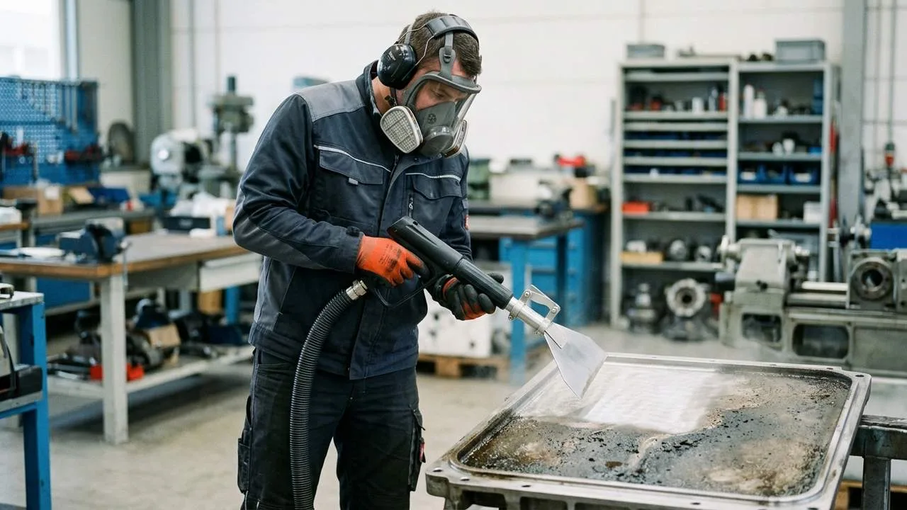 Industriereinigung in Biberach: Maschinenfu&szlig; in einer Werkstatt wird mit Trockeneis gereinigt