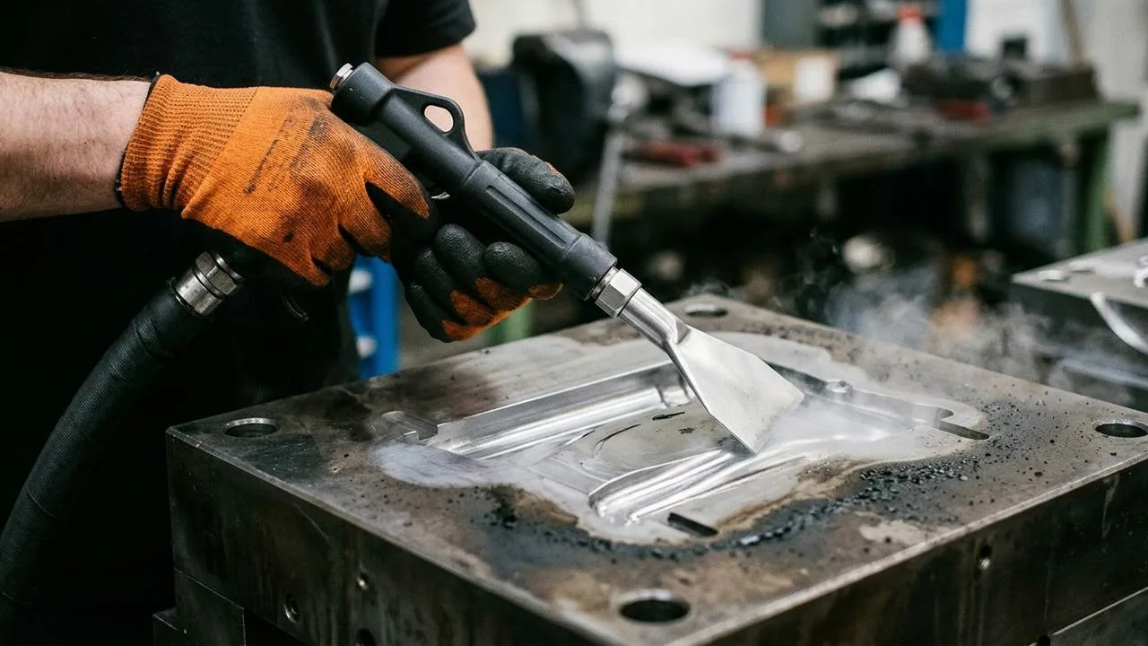 Industriereinigung in Frankenbach: Werkzeugform wird mit Trockeneis schonend von R&uuml;ckst&auml;nden befreit