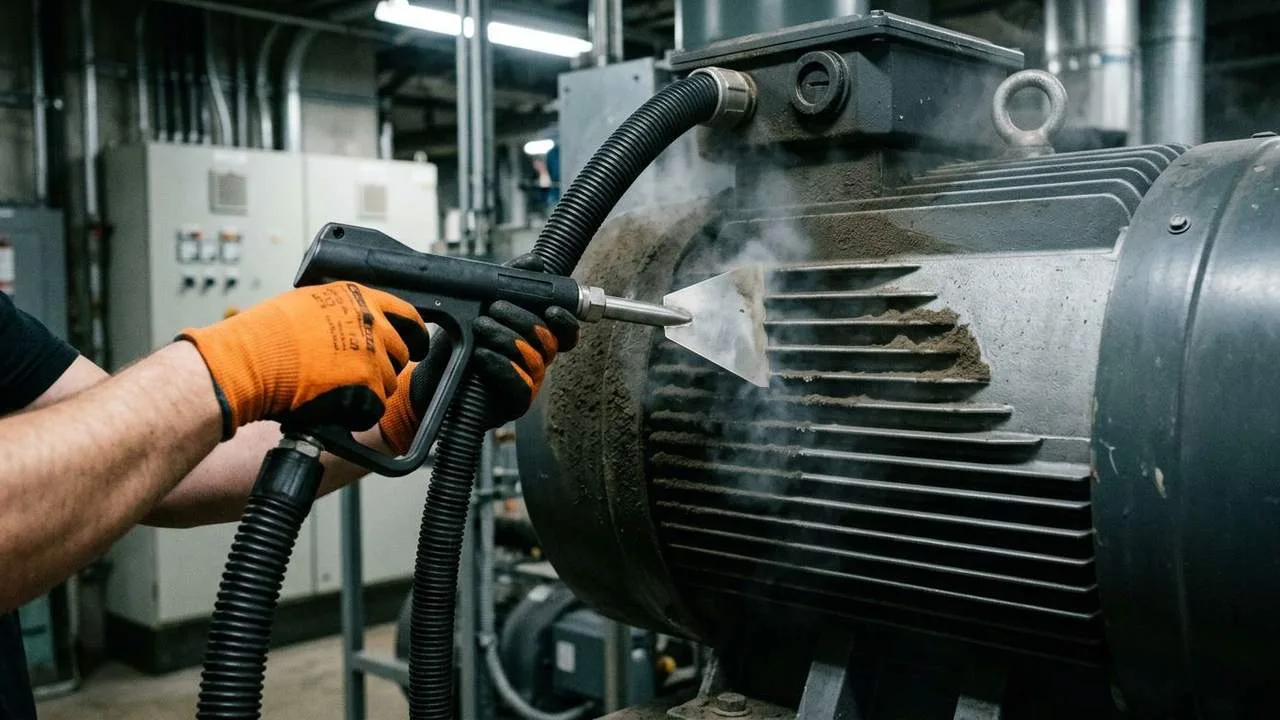 Industriereinigung in Horkheim: Elektromotor wird trocken mit Trockeneis gereinigt, K&uuml;hlrippen werden staubfrei