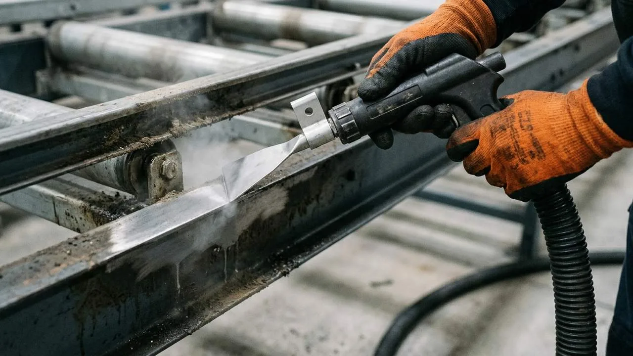 Industriereinigung in Kirchhausen: Rahmen einer F&ouml;rderanlage wird trocken mit Trockeneis gereinigt