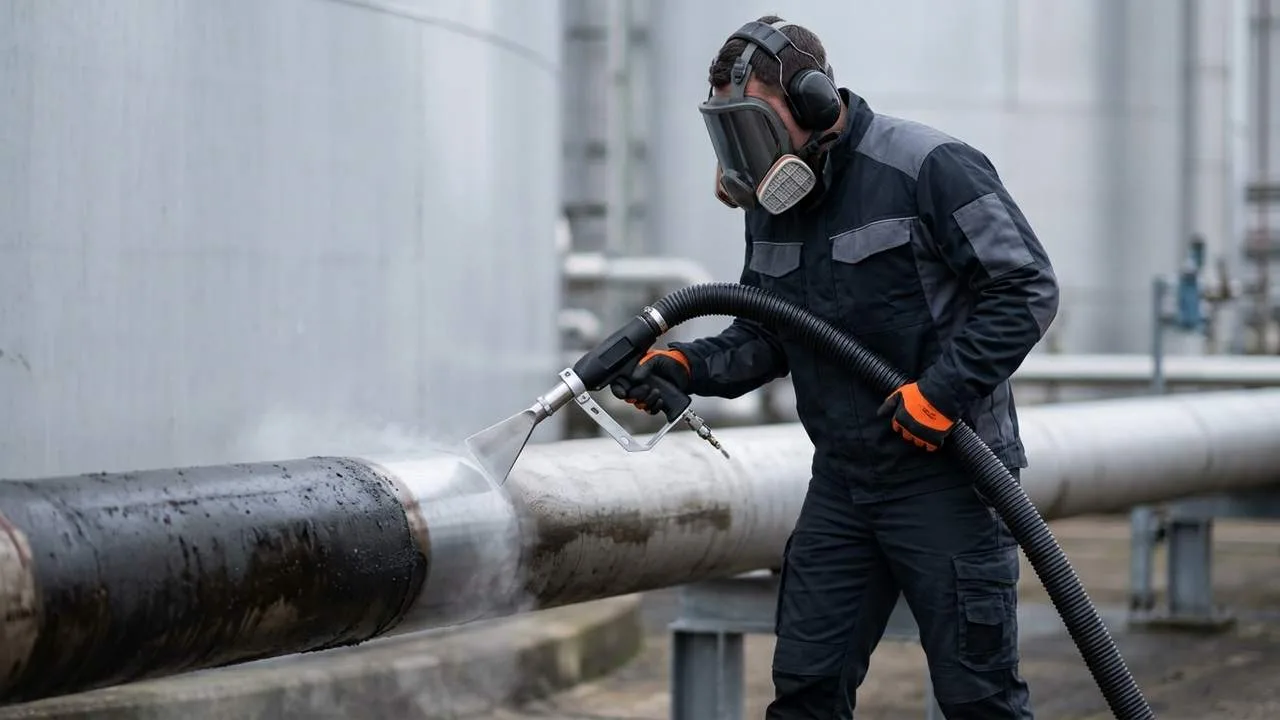 Industriereinigung in Klingenberg: Rohrleitung an einem Beh&auml;lter wird mit Trockeneis von Bel&auml;gen befreit