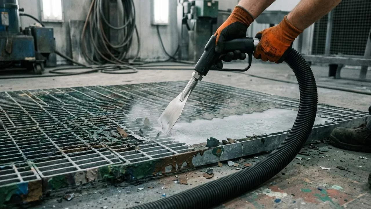 Industriereinigung in Ludwigsburg: Gitterrost mit Lack-Overspray wird trocken mit Trockeneis gereinigt