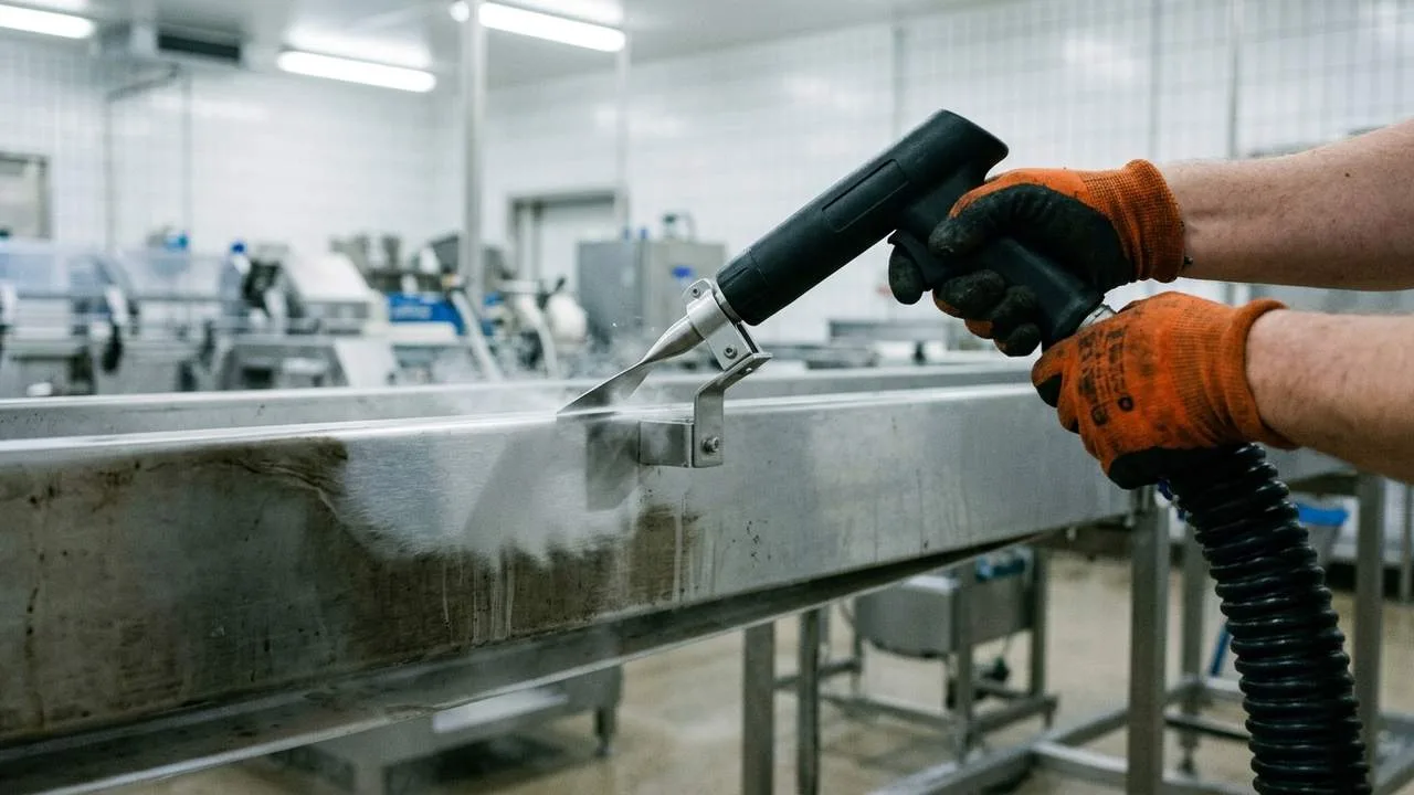 Industriereinigung in Schw&auml;bisch Hall: Edelstahlrahmen einer Produktionslinie wird trocken gereinigt