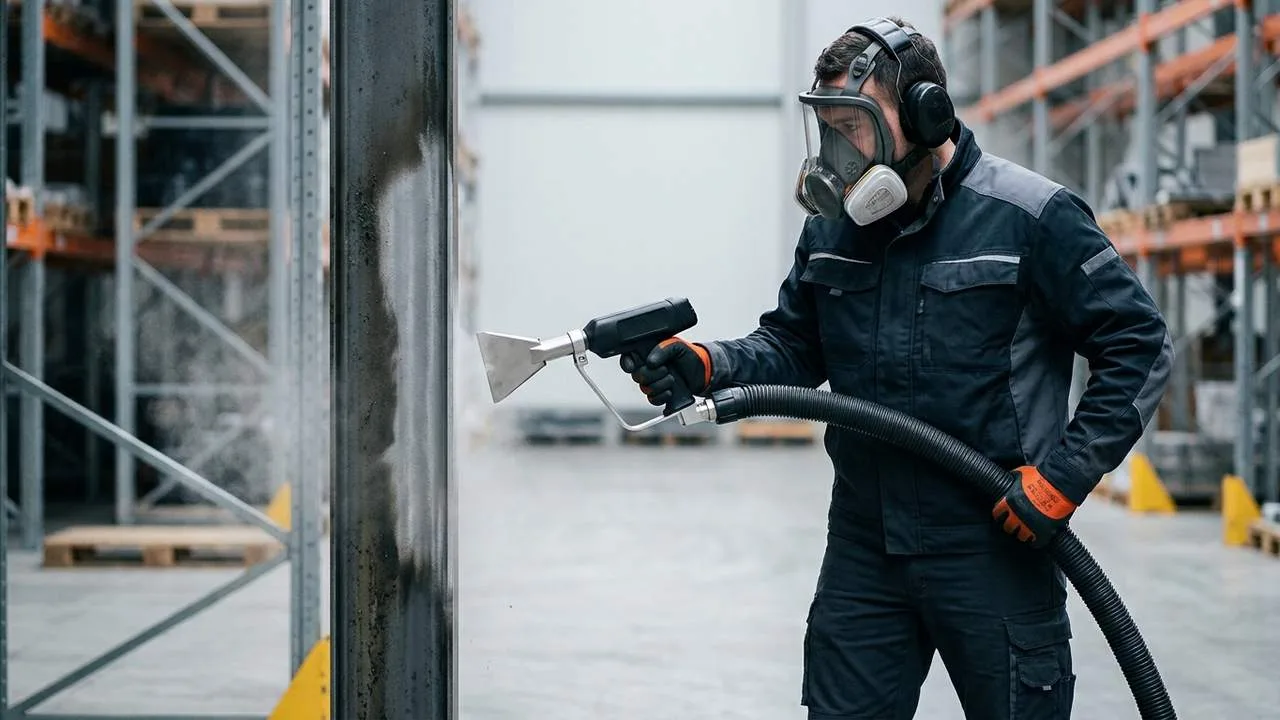 Industriereinigung in Sontheim: Lagergestell wird in der Halle trocken mit Trockeneis gereinigt
