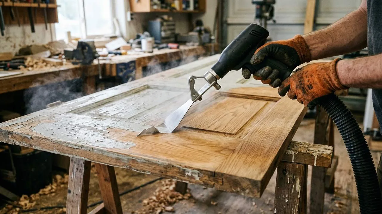Trockeneisstrahlen auf Holz: alte Lackschicht l&ouml;st sich von einer Holzt&uuml;r, die Maserung darunter bleibt intakt