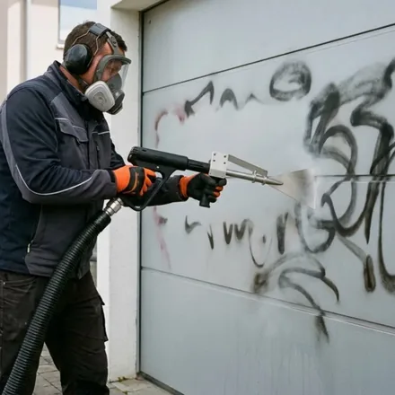 Graffiti entfernen an einer Metallfl&auml;che mit Niederdruck, feiner dosierter Abtrag