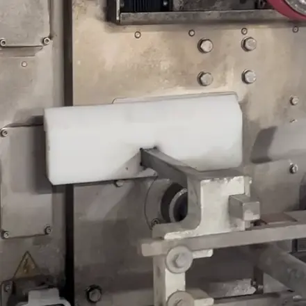 Industriereinigung in der Lebensmittelindustrie: weißer Kunststoffblock an einer Produktionsmaschine nach dem Trockeneisstrahlen